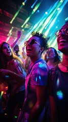 A group of young people dancing and laughing together in a packed nightclub