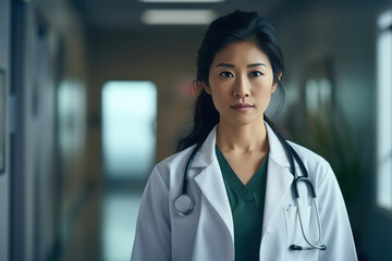 Young asian woman doctor standing on a hospital corridor with lab coat and a stethoscope on his shoulder