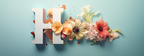 capital letter H Spring card with floral decoration, flowers, spring background, logo