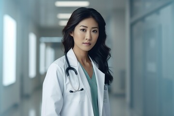 Portrait of a young asian doctor standing on a bright hospital corridor with white coat and a stethoscope on his shoulder