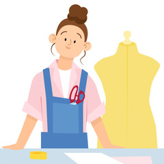 Young flat woman seamstress with mannequin, scissors and table for work