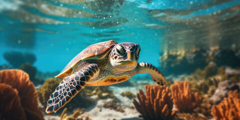 Naklejka na ściany i meble turtle swimming in the sea