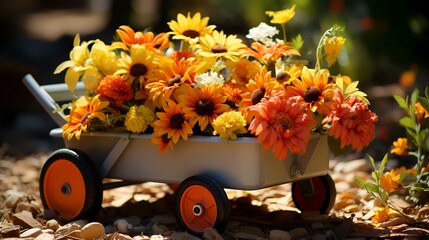 Bouquet of flowers in a cart on a background of autumn leaves