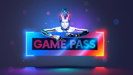 Beautiful cyborg woman holds game pass for computer video games, digital entertainment. Female robot with banner splash with text game pass for video gaming consoles. Gamers banner with robot woman.
