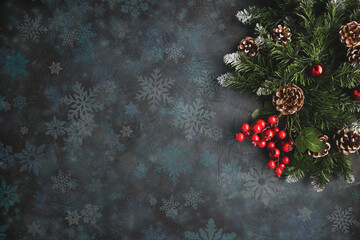 Christmas background with branches of a Christmas tree and decorations. Flatley with copy space....