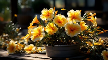 Beautiful yellow flowers in a pot on a wooden table in the garden