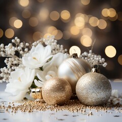 glamorous Christmas composition with gold and white ornaments and glitter background