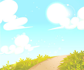 Vector of green field and blue sky with sunlight background.