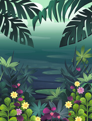 Jungle background. Vector tropical rainforest jungle background with plants and lake.