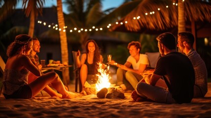 A group of people sitting on the sand around a bonfire, with palm trees and light bulb garlands
