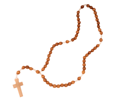 Różaniec - drewniany różaniec na przezroczystym tle, symbol religijny, religia, krzyż, png