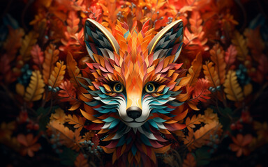 Cute whimsical fox portrait surrounded by colorful vibrant leaves of autumn forest, colorful adorable fox face as symbolic essence of autumn of the season with playful charm, autumn fauna concept