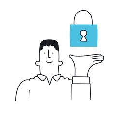 Man presenting a lock icon. Security system, internet safety, password manager, security solution. Outline, linear, thin line, doodle art. Simple style with editable stroke.