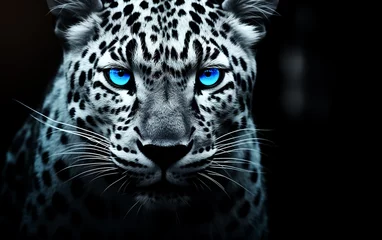 Foto op Plexiglas Black and white Wild jaguar in Blue eyes ready to attack, Black background © beshoy