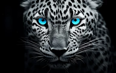 Foto op Plexiglas Black and white Wild jaguar in Blue eyes ready to attack, Black background © beshoy