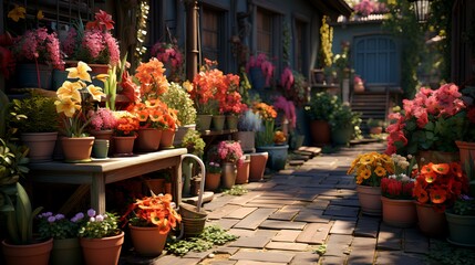 Fototapeta na wymiar Flowers in pots on the terrace of an old house.