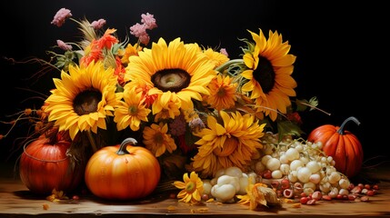 Autumn still life with sunflowers, berries and pumpkins