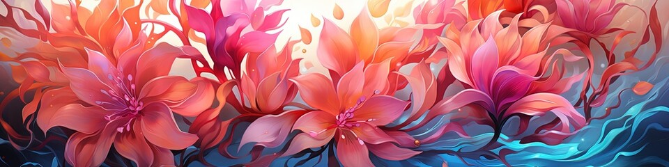 Vibrant Abstract Digital Painting of Three Red and Pink Flowers on Colorful Background