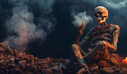 Skull sitting on a rock and smoking a cigarette. - Powered by Adobe