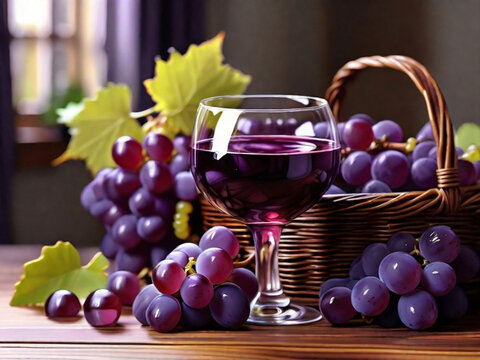 Purple grapes with grape juice in wine glass on wooden floor, grapes in fruit basket background, Generative AI