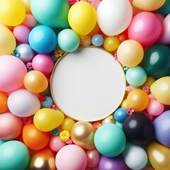 Fototapeta na wymiar An empty white circle with colorful balloons frame, free space for any text generative ai