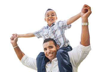 Happy Young Hispanic Boy Having a Fun Piggyback Ride On His Dads Shoulders Isolated. Tranparent PNG.