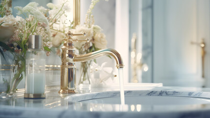 Elegant sanitary ware, golden water tap in a luxury bathroom in pastel colors. Clean transparent water flows - 683033652