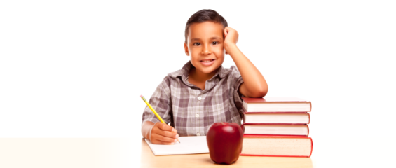 Happy Young Hispanic School Boy At Desk with Books and Apple Isolated. Transparent PNG.