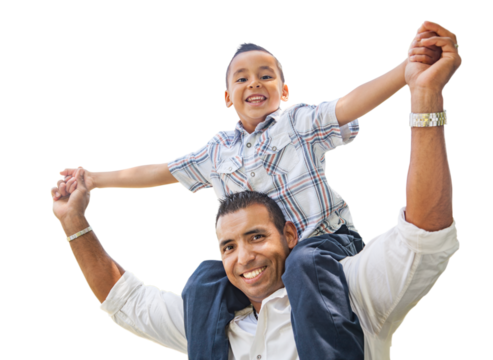 Happy Young Hispanic Boy Having a Fun Piggyback Ride On His Dads Shoulders Isolated. Tranparent PNG. - Powered by Adobe