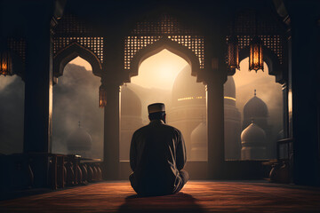 A Muslim man praying in a mosque with an Islamic background during Ramadan,