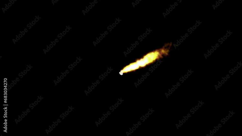 Poster asteroid with fire animation on black background. metroid flying deep space over alpha channel. a si