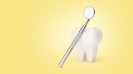 Tooth and dental mirror. Yellow background. Copy space. 3d render