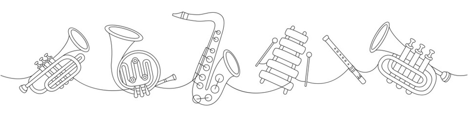 Set of wind musical instruments. Tuba, trumpet, french horn, saxophone, wooden xylophone, flute continuous one line illustration. © Lifeking