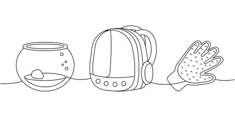 Pet supplies one line continuous drawing. Glass aquarium, terrarium, pet backpack carrier, hair remover glove continuous one line illustration.