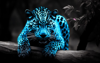 Black and white Wild jaguar in Blue eyes ready to attack, Black background