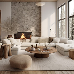 French interior for a modern room. A table made of wooden slabs next to a white corner sofa with fur pillows. A fireplace with a fire burning in it. Modern direction in design.