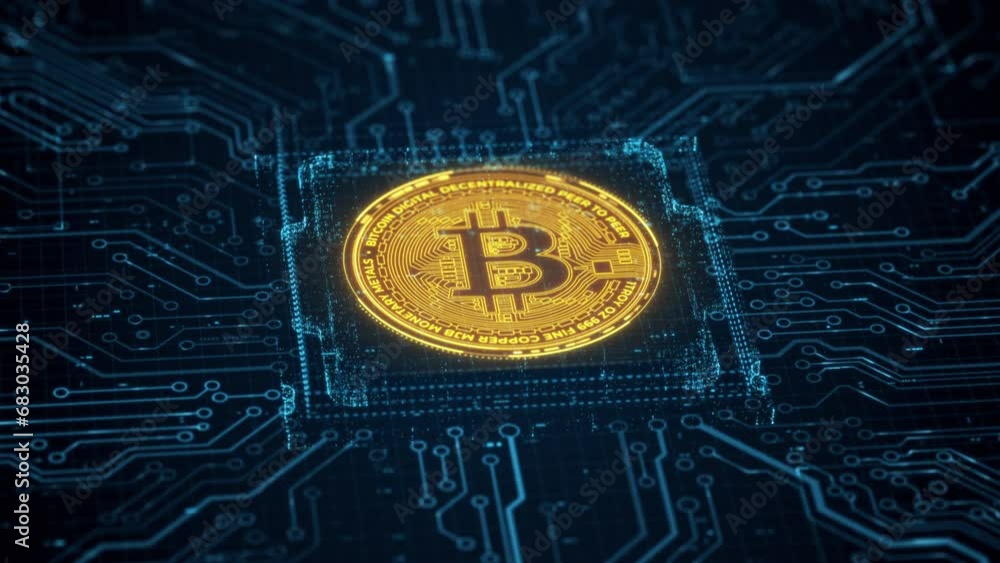 Poster golden bitcoin crypto currency digital technology on circuit board. abstract futuristic 3d render ba