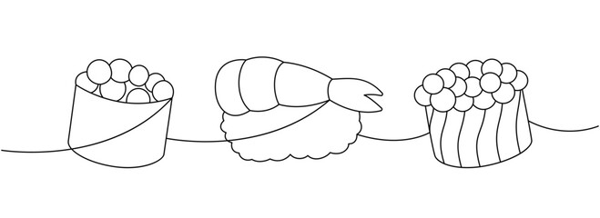 Sushi and rolls set. Japanese cuisine, traditional food one line drawing. Ikura sushi, tobiko maki, shrimp nigiri continuous one line illustration.