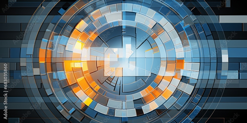 Poster explore the visual elegance of a white and blue circular circle adorned with intriguing squares