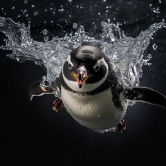a penguin swimming in water - obrazy, fototapety, plakaty