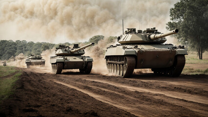 Army tank on dusty road.