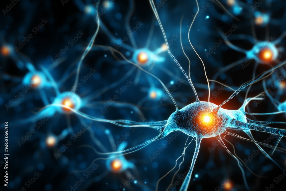 Wall mural neuron cells neural network under microscope neuro research science brain signal information transfe