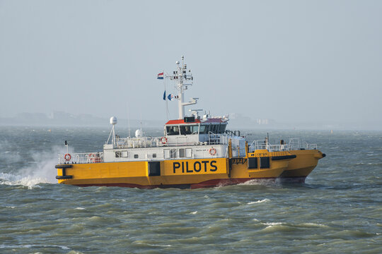 Vlissingen, Netherlands - November 19, 2023: Dutch pilot tender Cetus at sea