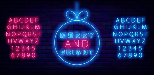 Merry and Bright neon emblem. Happy New Year celebration. Christmas tree ball frame. Glowing banner. Vector illustration - obrazy, fototapety, plakaty