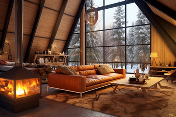 Cozy Warm Home Interior in a Chic Country Chalet with Huge Panoramic Window Overlooking Winter Forest - Created with Generative AI Tools