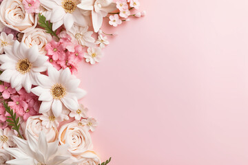 Fototapeta na wymiar Elegant Pink and White Flowers Border Design on White Background - Floral Decorative Frame - Created with Generative AI Tools