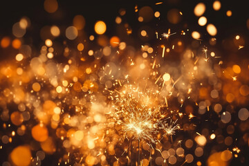 Fototapeta premium Many Burning Sparklers in the Dark Black Night with Bokeh Golden Light - Created with Generative AI Tools