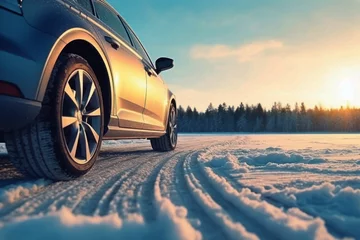 Fotobehang Winter tire covered in snow snowy road ice icy car wheel drive safety safe driving transportation condition change vehicle auto slippery danger frost protection climate dangerous offroad environment © Yuliia