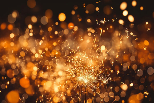  Many Burning Sparklers in the Dark Black Night with Bokeh Golden Light - Created with Generative AI Tools