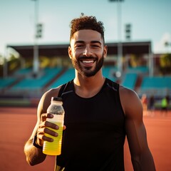 a photo of a latino male sprinter athlete on a track holding in his hand and drinking cold isotonic sports water drink. sweaty after exercises. blurry stadium background. - Generative AI
